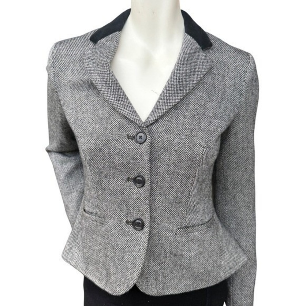 Chaps‎ Herringbone Blazer Jacket Velvet Collar Peplum Dark Academia Grey Black 4